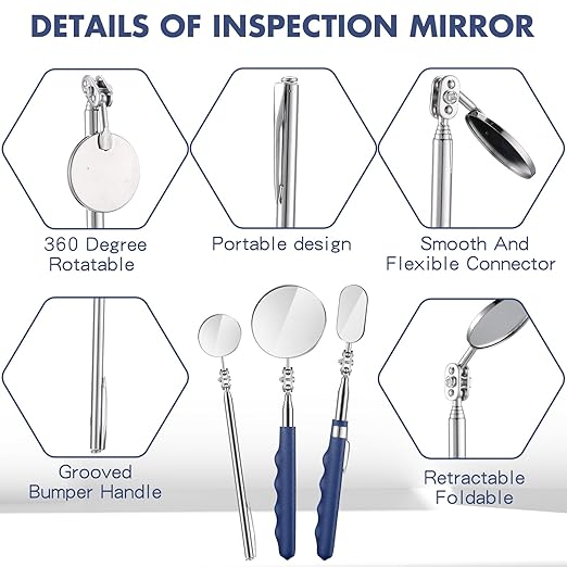 3 Pieces Telescoping Inspection Mirror Stainless Steel Extendable Mechanic Mirror with Long Handle Tool for Technicians Mechanics Contractors (50/25/30 mm,Round,Oval,Round)