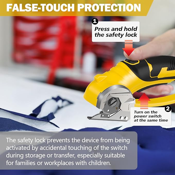 Cordless Electric Scissors, 4V Box Cutter & Cardboard Cutter with Upgrade Blade, LED Light, Safety Lock - Rechargeable Rotary Cutter for Fabric, Leather, Plastic, Crafting, Sewing, Industrial (Yellow)