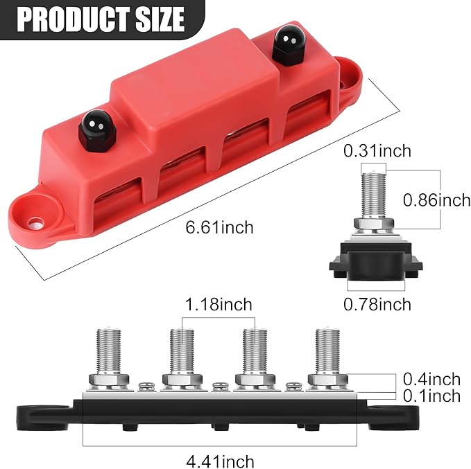 Bus Bar 12v Power Distribution Block 250A Bus Bar with 4 x 5/16" Studs Marine Battery Busbars Terminal Ground Distribution Block with Cover for Automotive, Boat, Car, Solar Wiring (Pair, Red & Black)