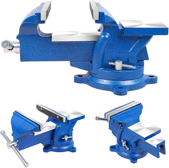 6" Heavy Duty Bench Vise, Pipe Vise Bench Vices with Anvil Swivel Table Top Clamp Locking Base, Double Swivel Rotating Vise Head& Body Rotates 360°-Blue