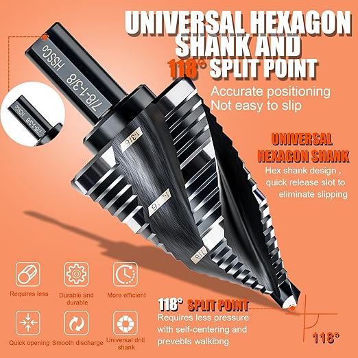 Four Spiral Flute Step Drill Bit for Metal,M35 Cobalt Unibit Step Drill Bit Set 1/4" - 1-3/8"(19 Sizes),Wear-Resistant AlTiN Coated,3/8" Hex Shank for Metal, Stainless Steel, Aluminum, Plastic