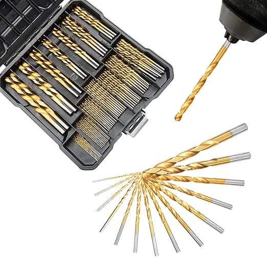 SAE 99PCS Titanium Coated Drill Bit Set, 135° Tip High Speed Steel, Twist Drill Bit Set with Storage Case for Aluminum, Copper, Soft Alloy Steel, Wood, Plastic Size from 1/16" to 3/8"