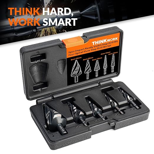 THINKWORK Four Spiral Flute Step Drill Bit Set (Metric), 5 Pcs HSS Step Drill Bits (4mm-35mm) Unibit Step Drill Bit, 6mm and 10mm Shank Step Bits for Aluminum, Wood, Plastic, Metal