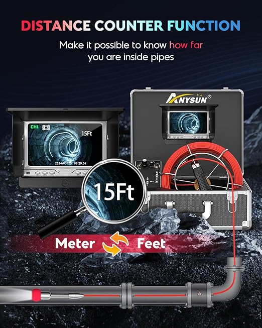 Anysun Sewer Camera with Locator, Self Leveling, Distance Counter, 512Hz Pipe Inspection Camera with DVR Recorder, Waterproof IP68 Plumbing Camera, Industrial Drain Camera w 7" HD Color Screen(100Ft)