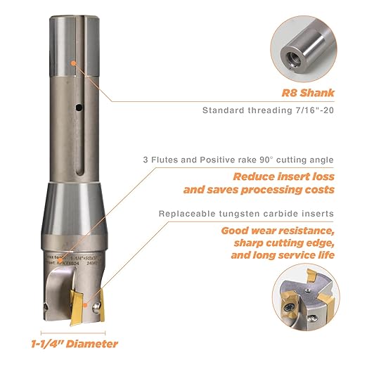 R8 Shank Indexable 1-1/4" End Mill, 1-1/4" Diameter 90 Degree High Speed Milling Cutter with Replaceable Carbide Insert
