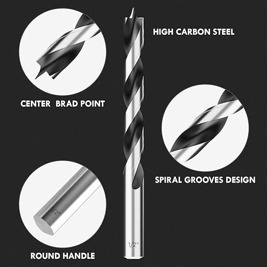 1/2" Brad Point Wood Drill Bit Set, 4Pcs Drill Bit Set with Double Flutes Design for Carpenter Woodworking and All Types of Wood