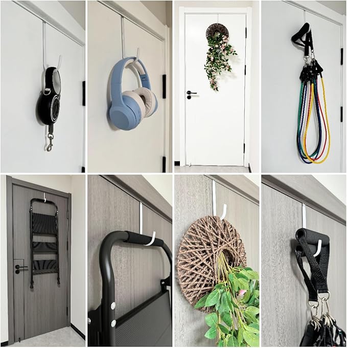 Over The Door Metal Hooks with Plastic Coating 5.5" Fit 0.5" to 2" Wide Door 4 Pcs Heavy Duty Single Towel Robe Rack Wreath Bathroom Shower Hanger Shoe Organizer Ironing Board Short White