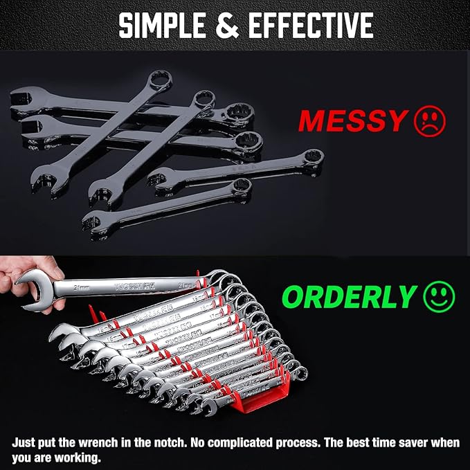 ALOANES 130-Slot Metal Wrench Organizer, Heavy Duty Wrench Organizer Tray for Tool Box, Fit SAE & Metric Wrench Storage, 10 Pack Wrench Holders(Red)