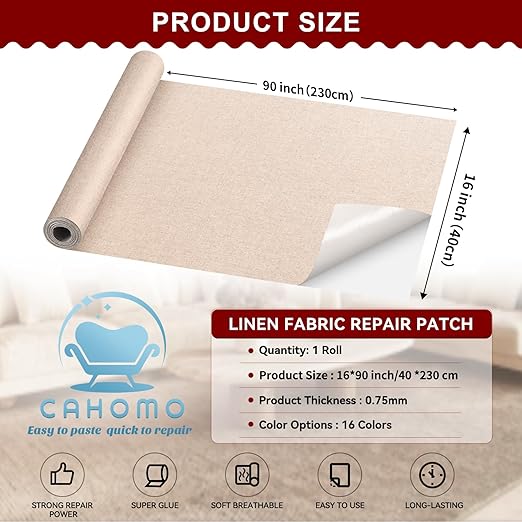 Linen Repair Tape 16x90 inch, Self Adhesive Fabric Patches, Linen Patch Tape Kit, Fabric Repair Tape for Couch Sofas, Headboards, Chairs, Pillows, Curtains, Couches - Navy Blue