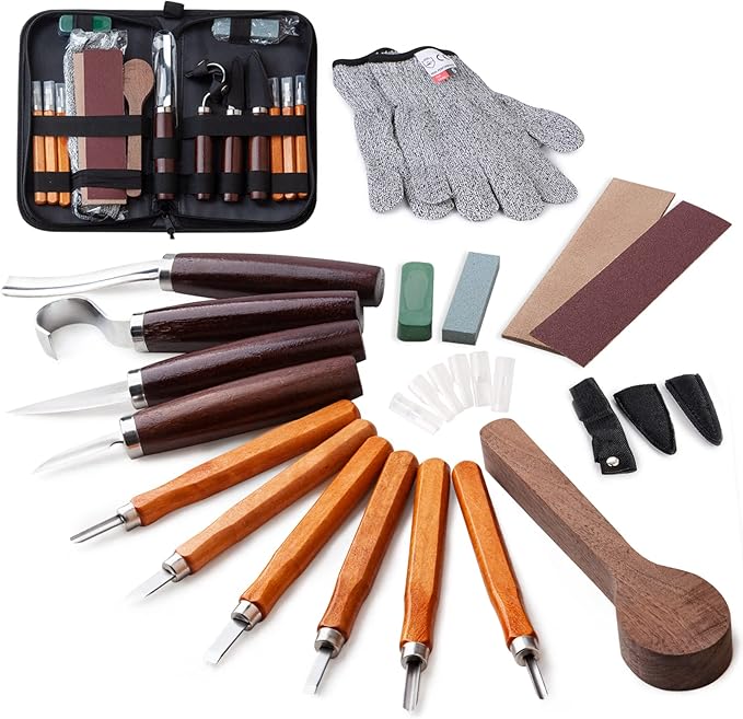 Wood Carving Tools Set,Detail and Hook Carving Knife Kit for Beginners,Trimming Knife for Spoon Bowl Cup Woodwork,Round handle design and 6pcs SK2 Carbon Steel Wood Carving Knives（10pcs）