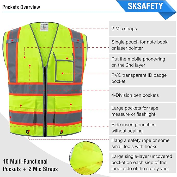 SKSAFETY 10 Pockets Safety Vest, Class 2 High Visibility Security with Zipper Back Mesh, Hi Vis Vest with Reflective Strips, ANSI/ISEA Standard, Construction Work Vest for Men ＆ Women （Lime, 2XL）