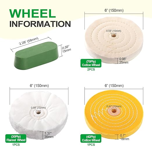7PCS 6 Inch Polishing Wheels Kit for Bench Grinder, Include 1/2" Arbor Hole 2 White Cotton Polish Wheels(70Ply), Yellow Cotton Wheel(42Ply), Soft Flannel Buffing Wheel(30Ply)& 3 Polishing Compound Set