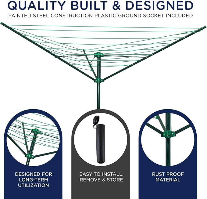 91 FT Umbrella Clothesline Outdoor - Clothes Line Outdoors Green Painted Steel Frame with Ground Socket - Clotheslines for Outside Laundry Drying, Washing Line for Hanging Clothes, Sheets etc
