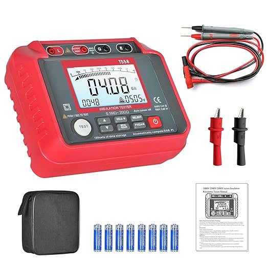 AIOMEST Megohmmeter 0.1MΩ-20GΩ Digital Insulation Resistance Tester with 50V/100V/250V/500V/1000V Output Voltage, Data Logging, 10V~600V AC/DC Voltmeter Megohm Meter w/Test Lead & Zipper Bag