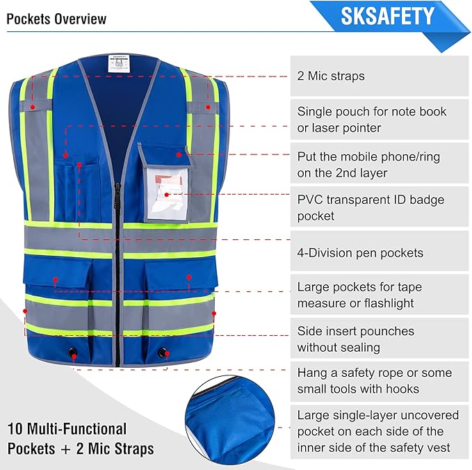 SKSAFETY 10 Pockets Safety Vest, Class 2 High Visibility Security with Zipper, Hi Vis Vest with Reflective Strips, ANSI/ISEA Standard, Construction Work Vest for Men ＆ Women （Blue, 3XL）