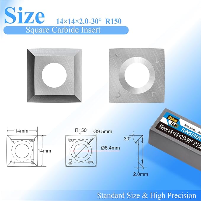 Asieg Tool 14x14x2mm-30° R150 Carbide Inserts Cutters Knives Replacement Blades 6 Inches Radius with Screws for Grizzly T21348 and Woodworking Spiral Helical Planer Head 10pcs