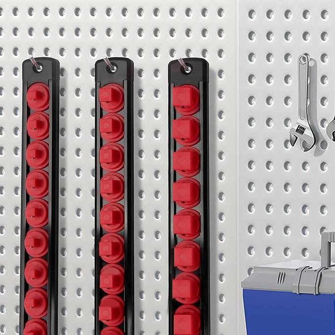 Fivepears Magnetic Socket Rails Storage Organizer, Heavy Duty Aluminum ABS Socket Holders, 360 Swivel Clips for Tool Box, 3/8 x 14, 1/2 x 12, 1/4 x 14 Clips (Red)