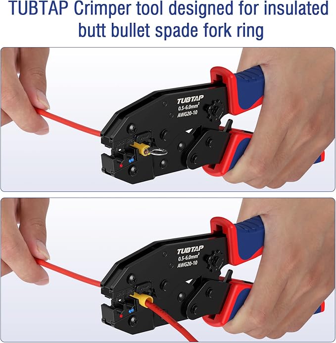 TUBTAP Crimping Tools for Electrical Connectors [AWG 20-10] - Wire Crimpers - Wire Crimping Tool - Ratcheting Wire Crimper for Heat Shrink Wire Connectors and Insulated Nylon Connectors, 0.5-6.0mm²