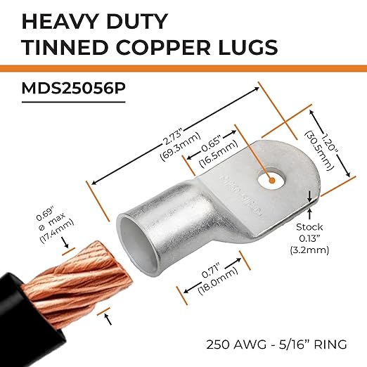 SELTERM 10pcs 250 MCM-5/16 Stud Tinned Copper Wire Lugs, Heavy Duty Battery Cable Ends,250 kcmil Ring Terminals, UL Battery Lugs Marine Grade Copper Eyelets Electrical Battery Terminal Connectors