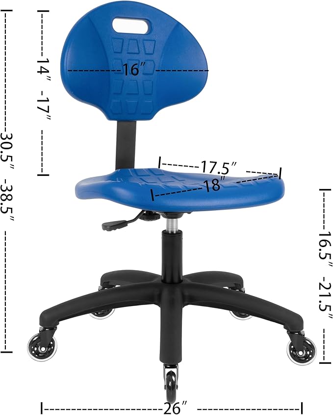 Chair Master Table Height Chair/Stool-Easy to Clean! Deluxe Ergonomic Polyurethane Chair. 5" of Height Adj (16.5"-21.5") 450 lb Capacity. Automotive, Lab, Garage, Home, Office (Rubber Roller, Blue)
