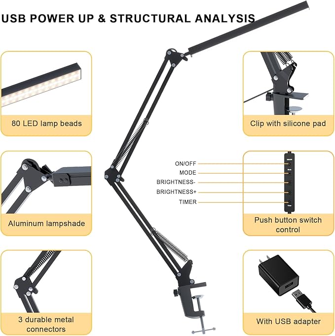 LED Desk Lamp for Home Office, Clamp-On with 5 Light Modes & Auto Shut Off | 14W Adjustable Brightness 5000K Eye-Caring Lighting for Study/Bedroom/Computer Desk
