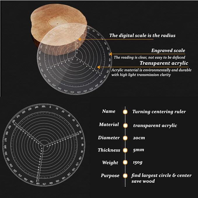 8" Round Center Finder Compass Transparent Acrylic, Easily Identify Center or Draw Circles, Lathe Work and Woodturners, for Woodworking Lovers