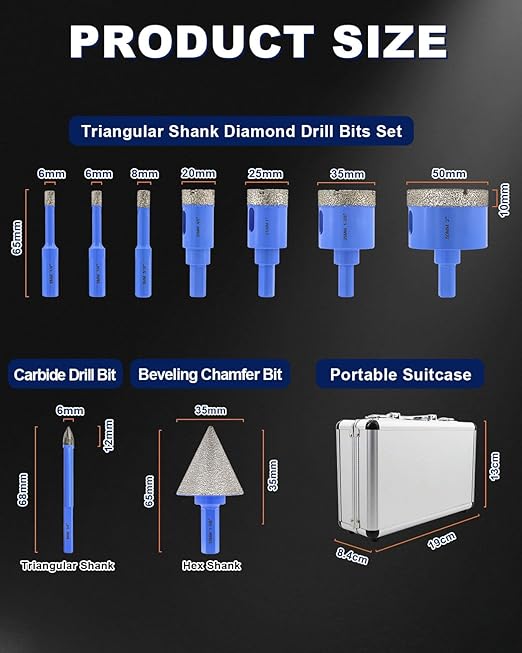Diamond Tile Hole Saw Kit - 9Pcs 1/4'' X 2, 5/16'', 4/5'', 1'', 1-3/8'', 2'' Drill Bits Set, 1/4'' Carbide Drill Bit, 1-3/8'' Beveling Chamfer Bit for Porcelain Tile Ceramic Granite Marble