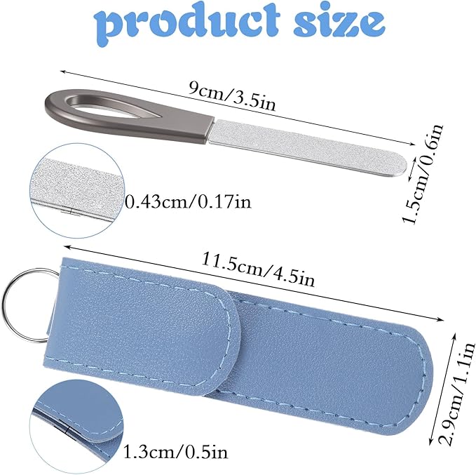 2 Pcs Stainless Steel Nail File,Metal Nail Files for Natural Nails,3.5IN Diamond Round Tip Stainless Steel Double Metal Nails File with Leather Sheath Travel (Black,Blue