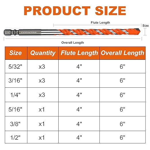 12-PCS Concrete Drill Bit Set, 5/32"-1/2" Inch Carbide Hex Shank Masonry Drill Bits Set for Glass/Brick/Plastic/Cement/Tile