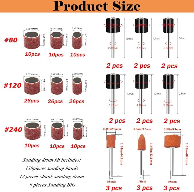 Sanding Drum Set for Dremel Rotary Tools-Includes 138 Aluminum Oxide Drum Sander Sanding Sleeves (80,120,240 Grit),12 Drum Mandrels and 9 Sanding Bits,Sanding Bits Tool Accessories with Box