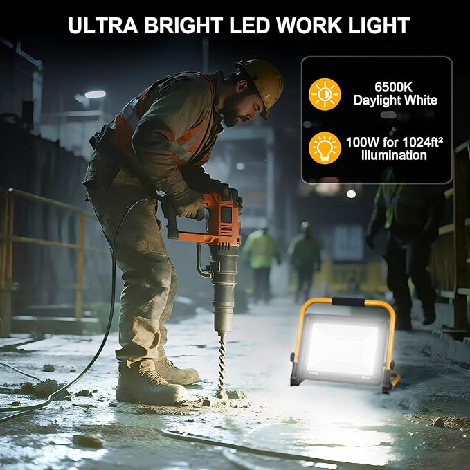 100W 11000LM LED Work Light with 16.5FT Cord, IP66 Waterproof, Portable Flood Light for Construction, Workshop, Garage, and Outdoor Use