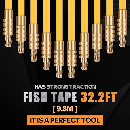 32.2FT Fiberglass Running Electrical Wire Cable Glow Rods Wire Pulling, Fish Rods Electrical Kit with 6 Different Attachments and Fish Tape Wire Puller Kit (Yellow)