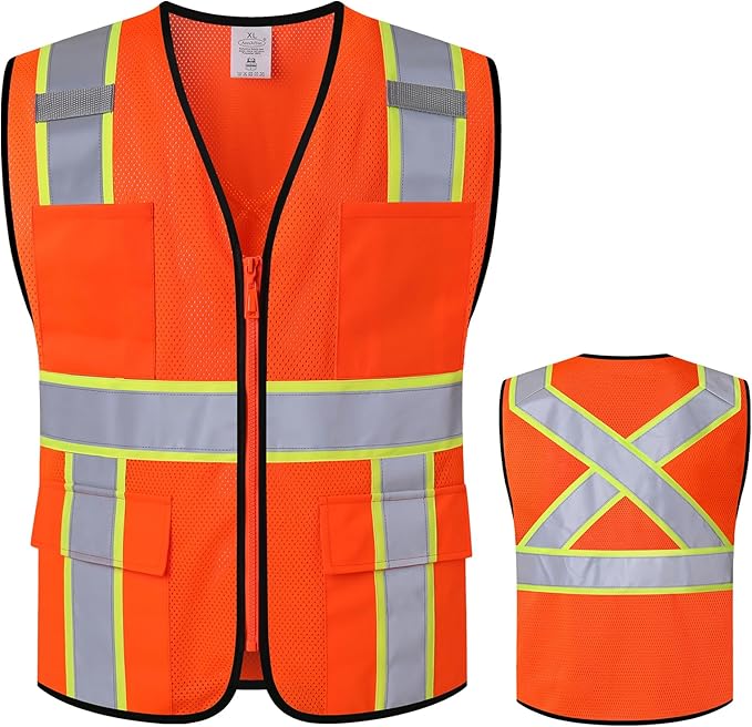 Class 2 Safety Vest with Zipper Front and multiple Pockets, High Visibility Vest, Meets ANSI/ISEA Standards
