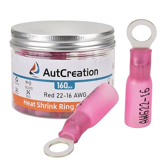 AutCreation 160PCS Heat Shrink Ring Terminals #8 Red 22-16 AWG Marine Grade Electrical Wire Connectors, Tinned Red Copper Resistant Ring Connectors, Insulated Waterproof Crimp Terminals