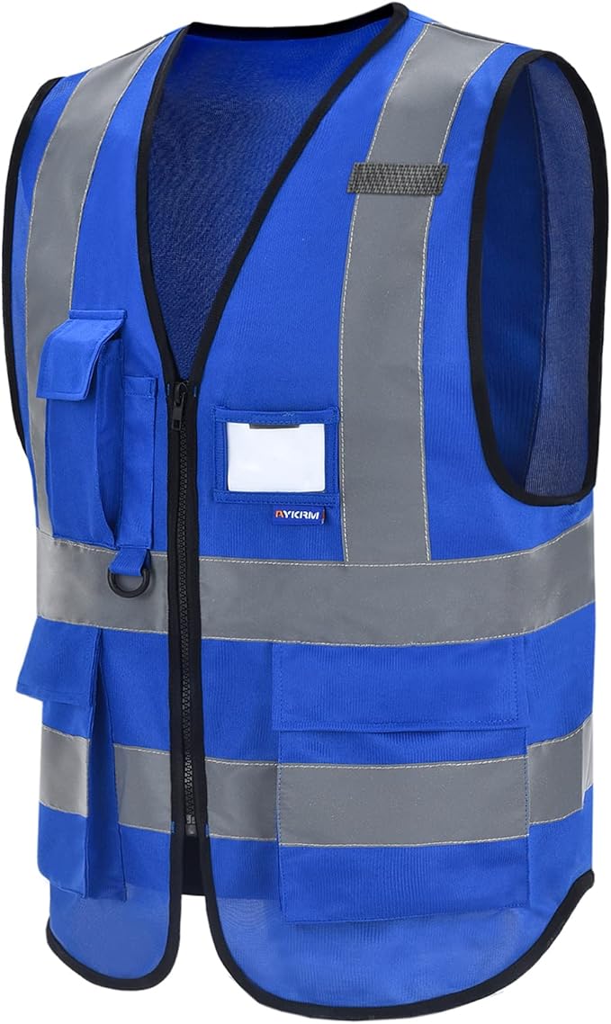 A-SAFETY Blue safety vests Reflective Safety Vest Hi Vis Bright Neon Color with 4 Reflective Strips 8 Pockets, Blue
