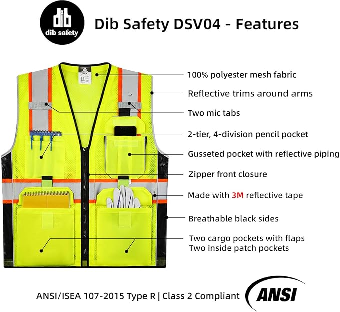Dib Safety Vest Reflective Yellow Mesh, High Visibility Vest with Pockets and Zipper, ANSI Class 2 Heavy Duty, Made with 3M Reflective Tape 3XL