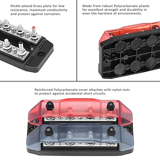 Recoil DBBS43 Dual Row Busbar Positive and Negative 4 x M5 Studs 3 x #8 Screw Terminals Power and Ground Distribution Block with Ring Terminals Bus Bar