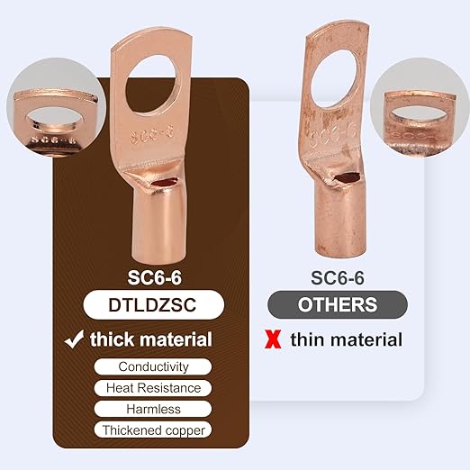 Thick Copper Electric Wire Lugs,20Pcs Bare Copper Gauge 12-10Awg-1/4(M6) Ring Heavy Duty Battery Cable Lugs Ends Ring Terminals Connectors with 20Pcs 3:1 Heat Shrink Tubing Assortment Kit