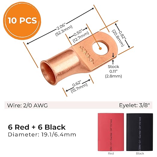 SELTERM 10pcs - 2/0 Awg - 3/8" Stud - Battery Lugs - Ring Terminal Connectors | with 12pcs 3:1 Black & Red Heat Shrink Tubing with Adhesive | Heavy Duty Battery Cable Ends - Bare Copper Wire Lugs Kit