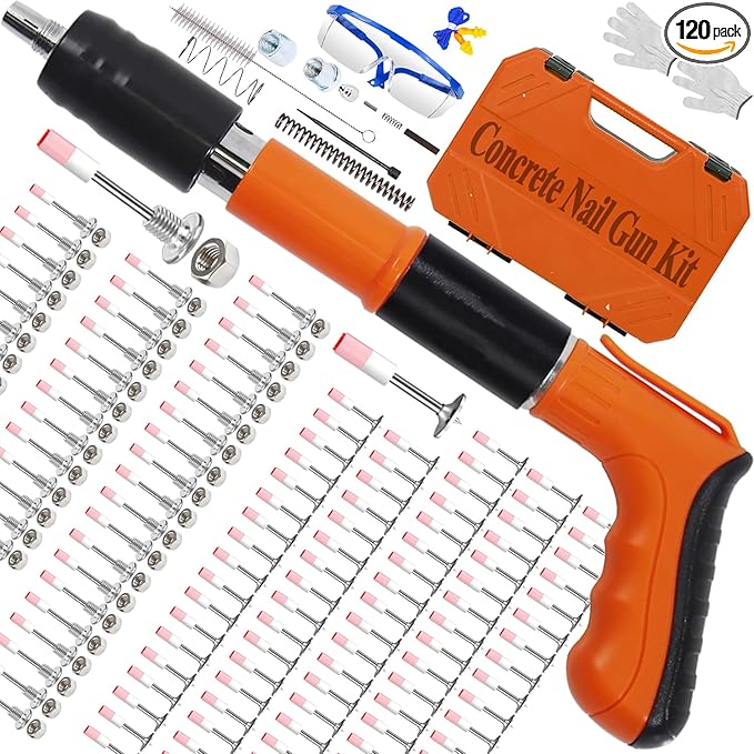 Concrete Nail Gun Kit with 120pcs Nails,5 Speed Adjustable Manual Mini Steel Nail Gun,Portable Nailer Gun, Wood working and Decoration- Built in Air Nailer for Red Brick Walls(Orange）