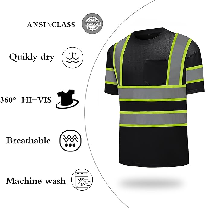 High Visibility Shirts Quick Dry Safety T Shirts with Reflective Strips and Pocket Short Sleeve Mesh Hi Vis Construction Work Class 2 Shirt for Men/Women Black,4XL