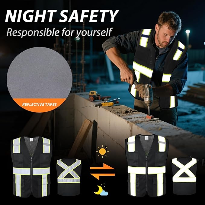Class 2 Safety Vest with Zipper Front and multiple Pockets, High Visibility Vest, Meets ANSI/ISEA Standards