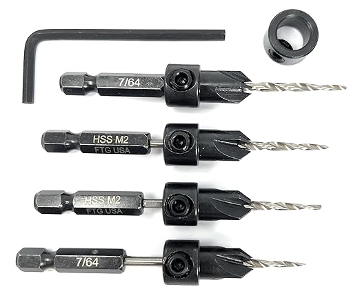 FTG USA Countersink Drill Bit Set 4 Pc #4 (7/64") Wood Bit, Tapered Bit, Stop Collar, Hex Wrench for Woodworking