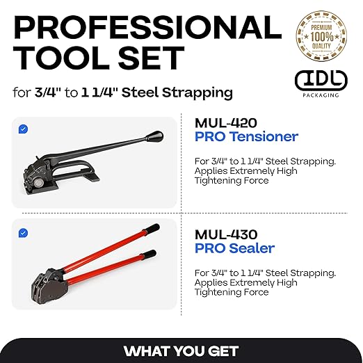 IDL Packaging PRO Strapping Tool Set for 3/4" to 1 1/4" Steel Strapping – Heavy-Duty Tensioner and Sealer for Metal Banding – Packaging Strapping Tool Kit to Secure Heavy Packages