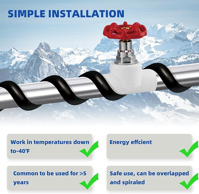 60FT Heat Cable for Water Pipes, Prevent Freezing & Easy Installation, Water Pipe Heat Cable With Thermostat Self-Regulating, Pipe Heating Trace System 120 V