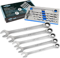 FIRSTINFO F3432SA Taiwan SAE Spline Box End Ratcheting Combination Wrench Set, Spanners with Anti-Slip V-Groove Open End | 5-piece | 72T | Lightweight | Mechanics Tray