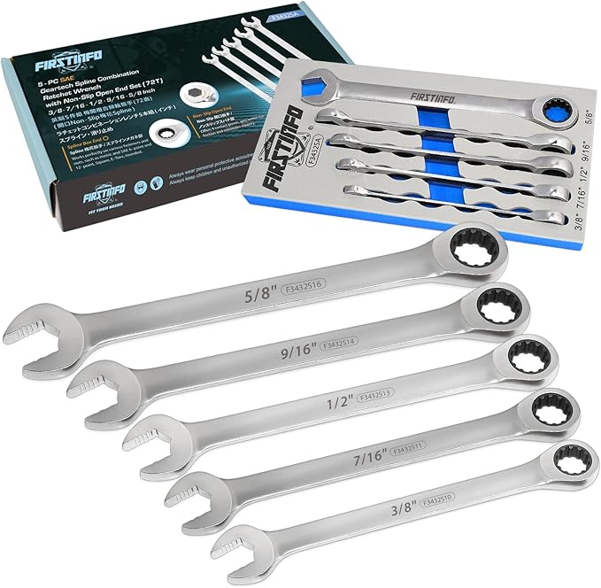 FIRSTINFO F3432SA Taiwan SAE Spline Box End Ratcheting Combination Wrench Set, Spanners with Anti-Slip V-Groove Open End | 5-piece | 72T | Lightweight | Mechanics Tray