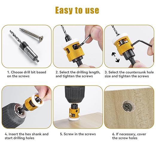 5 Pcs Countersink Drill Bit Set with Low Friction Depth Stop, HSS M2 Bits Tapered Head1/8 9/64" 5/32" Drill+3/8” 82° Counter-Bore,11/64" 3/16" Drill+ 1/2" 82° Counter Bore,1/4” Hex Shank (Yellow)