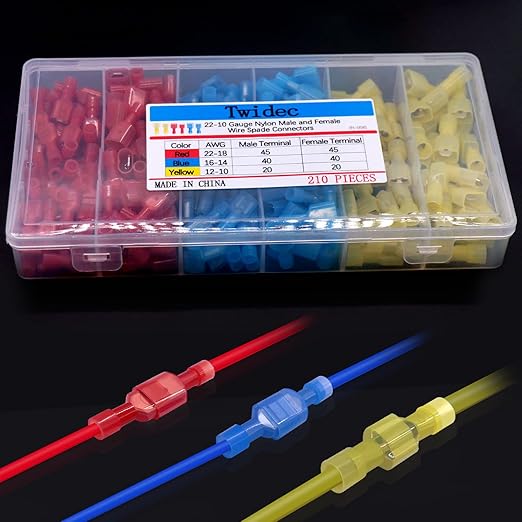 Twidec/210PCS Nylon Spade Connectors Kit 22-10 Gauge Male and Female Wire Spade Terminal Quick Disconnect Fully Insulated Wire Crimp Connector for Automotive Marine