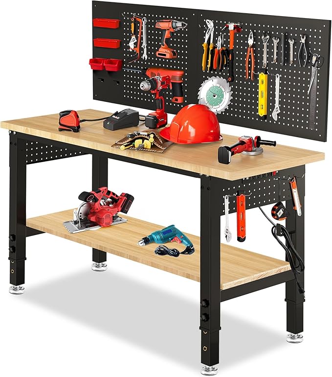 Adjustable Height Work Bench 48×24 Workbench for Garage with Under Table Shelf Heavy Duty Rubber Wood Work Table for Shop Woodworking, Office, Home, Commercial